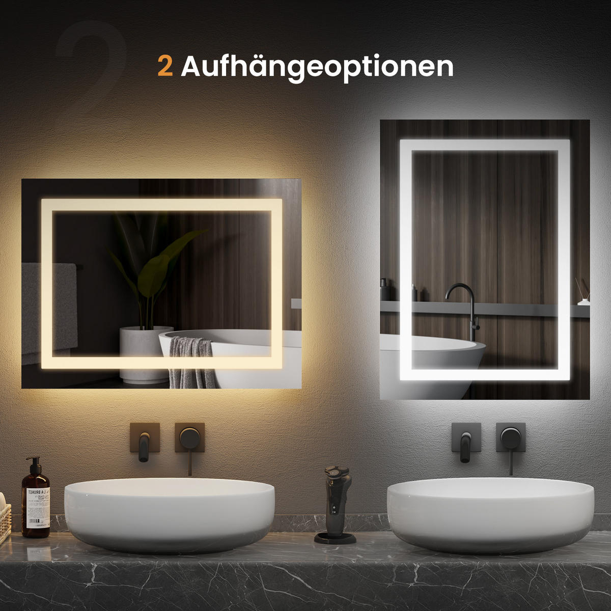 BADSPIEGEL mit Beleuchtung und Anti-Beschlag 60/45 cm - Weiß, Glas (45/4.3/60cm) - EMKE