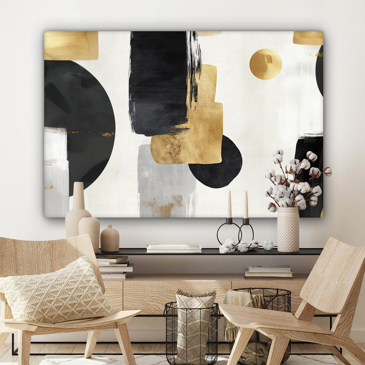 LEINWANDBILD Gold - Rechtecke - Kreise - Abstrakt Groß 140x90 cm - Weiß, Textil (140/90cm) - MuchoWow