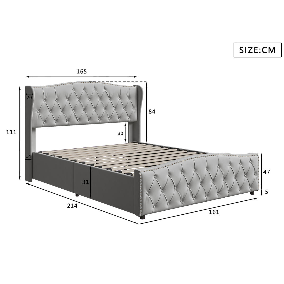 DOPPELBETT 160x200 cm Grau Samt, Polsterbett, Hydraulischer Bettkasten, Diamant-Knopfheftung, Tragfähigkeit 300 kg, Skandinavischer Stil - Grau, Metall (160/200cm) - GENKI LIVING