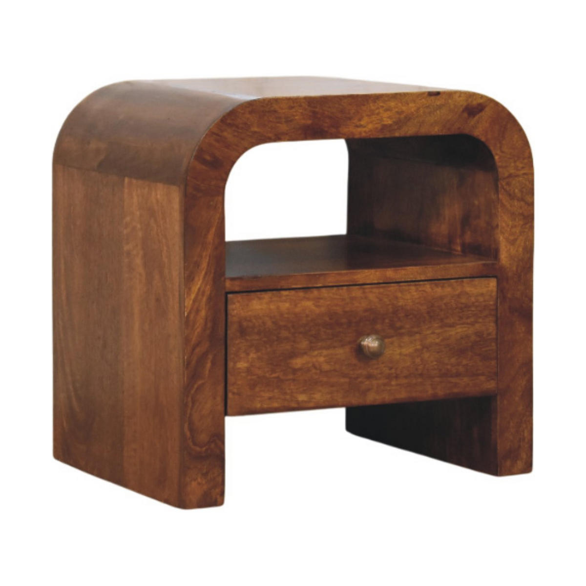 NACHTTISCH Massivholz Darcy Kastanienbraun, 1 Schublade und Offenes Regal - Dunkelbraun/Messingfarben, Mangoholz/Holz (45/45/35cm) - Artisan Furniture
