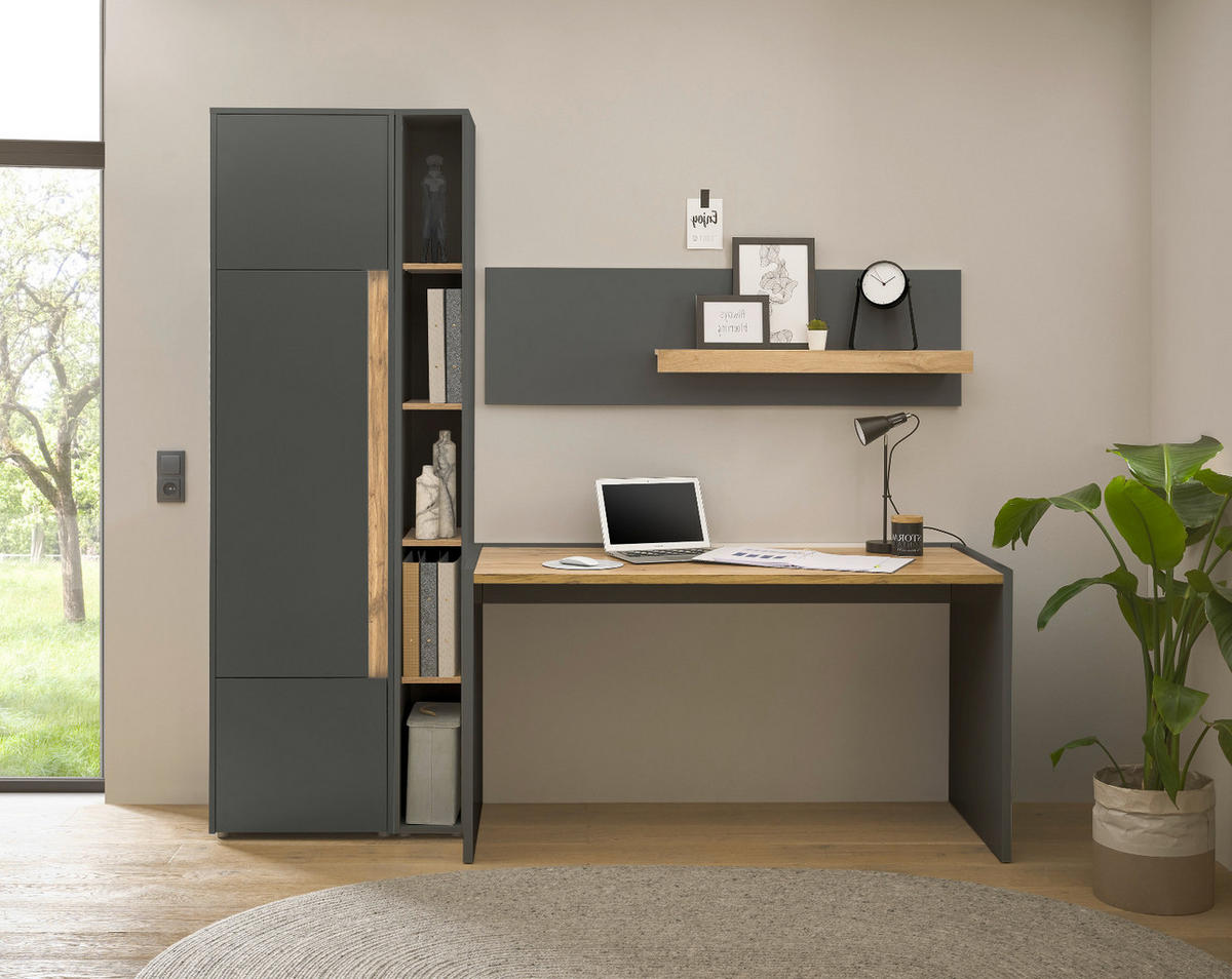 SCHREIBTISCHKOMBINATION 3-teilig grau matt, Eiche Wotan, Büromöbel Set mit viel Stauraum und 5 Ordnerhöhen - Eiche Wotan/Schwarz, Holzwerkstoff (62/213/200cm) - Furn.Design