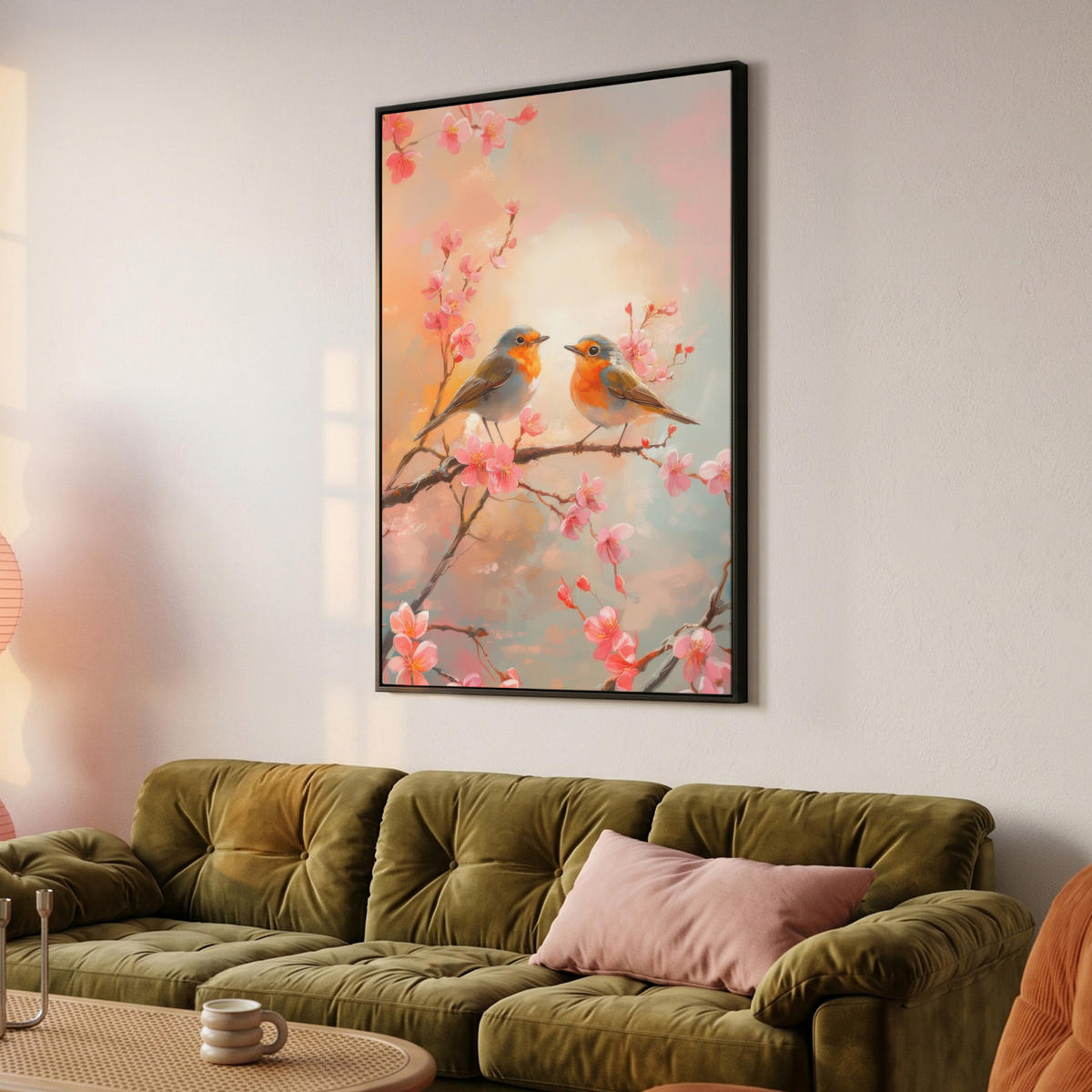 LEINWAND Bilder mit Rahmen - Rotkehlchen - Zierpflanze - Blütenzweig - 80x120 - Hellrosa, Textil (80/120cm) - MuchoWow
