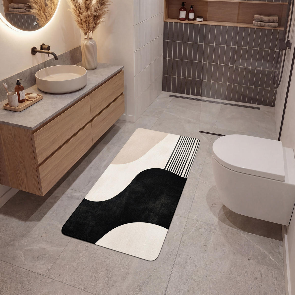 KÚPEĽŇOVÁ PREDLOŽKA Abstraktné - Japonské - Béžové - Moderné 60x120 cm - čierna/béžová, textil/plast (60/120cm) - OnlyWow
