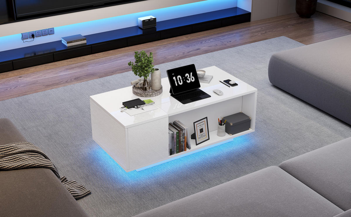 COUCHTISCH, höhenverstellbar mit hydraulischem Hub, Stauraum & LED-Bluetooth, Weiß Hochglanz, 100/50/40 cm,Weiß - Weiß, Holzwerkstoff (50/100/40cm) - Redom