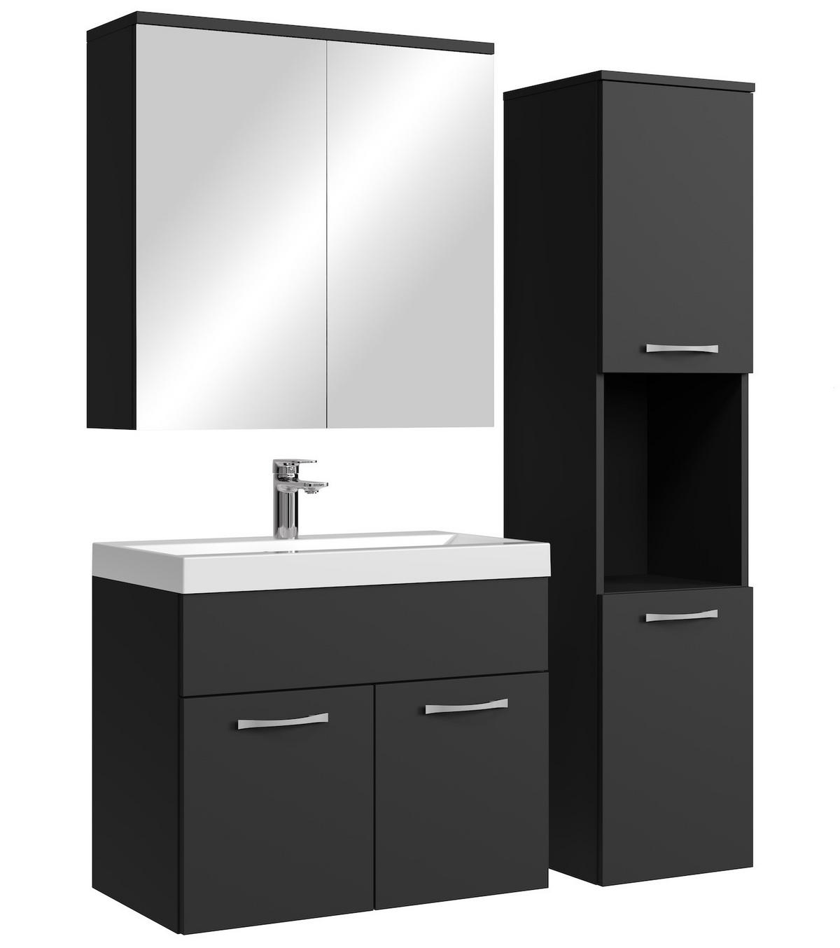 BADMÖBEL-SET Montreal 4 Teile Spiegelschrank Schwarz Matt - 60 x 35 x 51 cm - Schwarz, Holz (60/51/35cm) - Badplaats