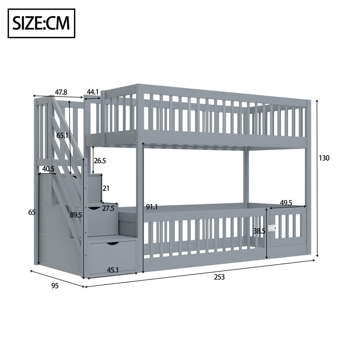 ETAGENBETT 90/200 cm mit Stauraumtreppe, Schubladen und Spielbereich, Grau - Grau, Holzwerkstoff (90/200cm) - Redom