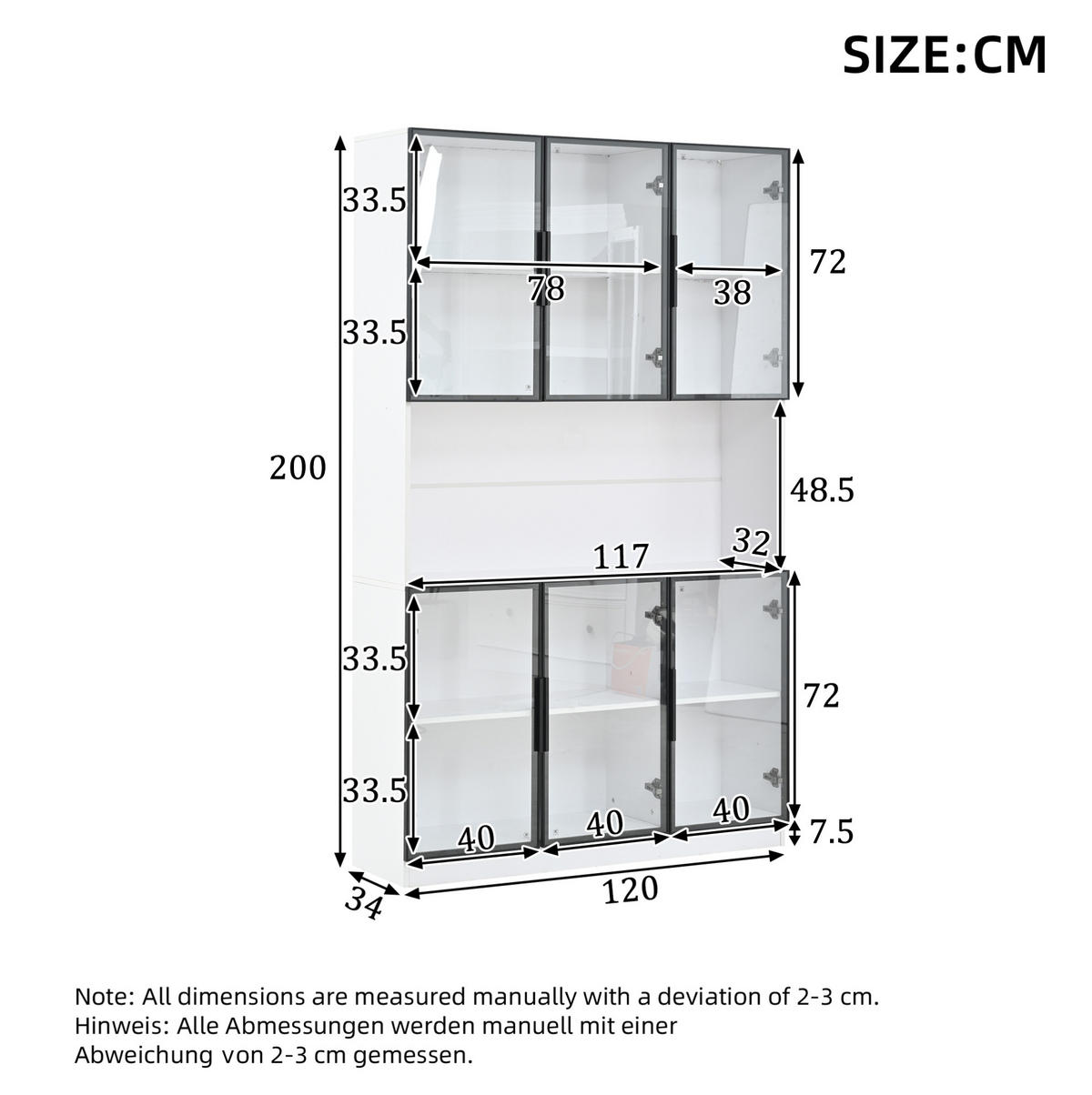 VITRINE 120/34/200 cm in Weiß mit 6 Glastüren und LED-Beleuchtung - Weiß, Holzwerkstoff (120/200/34cm) - Flora Grace