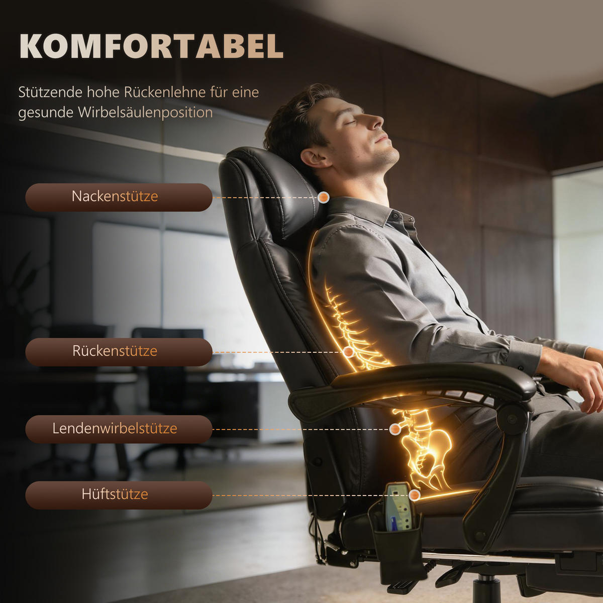 CHEFSESSEL DE-05259 mit 7 Massagepunkte, Fußstütze & höhenverstellbar - Schwarz, Metall (79/121/67cm) - ComfortXL