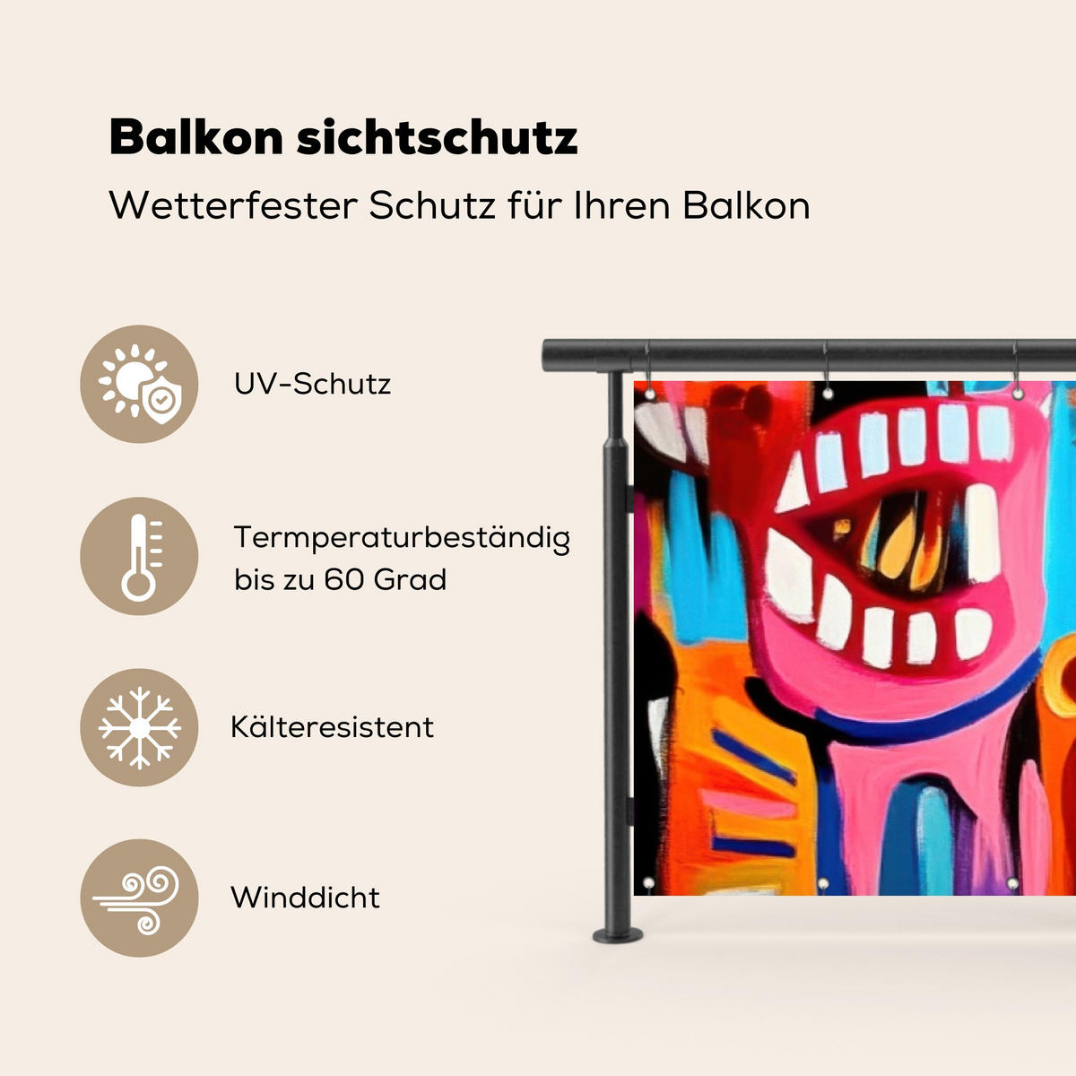 BALKON-SICHTSCHUTZ Abstrakt - Gesicht - Farbenfroh - Multicolor, Kunststoff (500/130cm) - MuchoWow