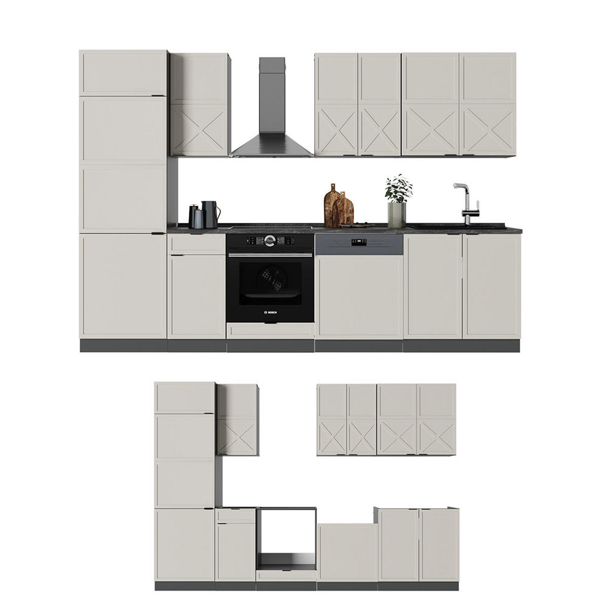 KÜCHENZEILE Fame-Line GrauBeige/Anthrazit 300 cm ohne AP - Anthrazit/Grau, Holzwerkstoff (300/81.6/46cm) - Vicco
