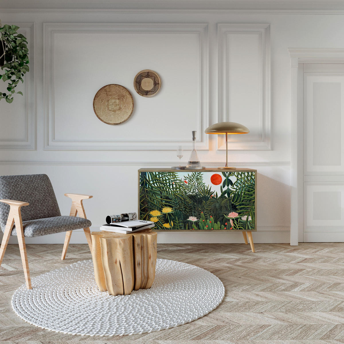 SIDEBOARD VIRGIN FOREST WITH SUNSET, Eicheneffekt, 111x42x77,5 cm, 2 Türen - Eichefarben/Buchefarben, Holzwerkstoff/Buchenholz (111/77.5/42cm) - SpaceRebels
