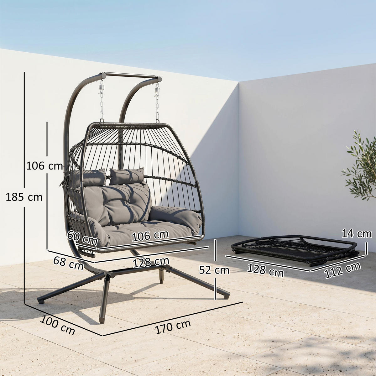RATTAN-STUHL Dunkelgrau 170.0/100.0/185.0cm - Dunkelgrau, Metall (100/185/170cm)