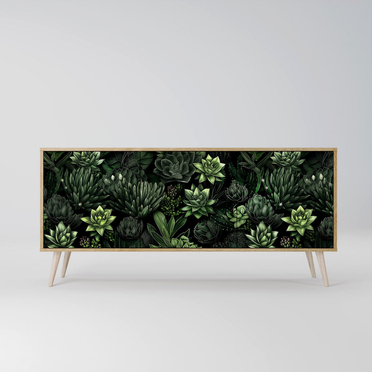 SIDEBOARD SUCCULENT JUNGLE, Eicheneffekt, 164,5x42x77,5 cm, 3 Türen - Eichefarben/Buchefarben, Holzwerkstoff/Buchenholz (164.5/77.5/42cm) - SpaceRebels