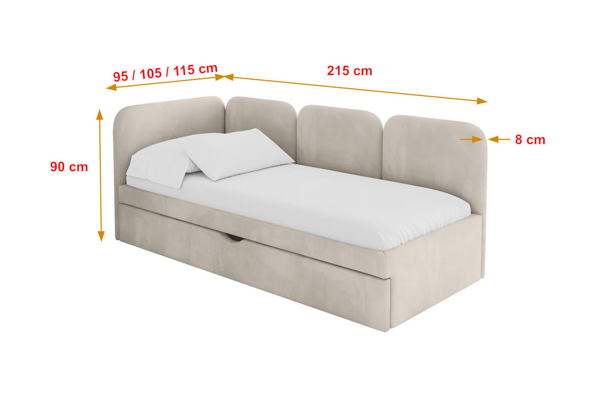 EINZELLBETT Jugendbett mit Bettkasten und Matratze H3/H4, Rechts - ALVY 90x200 Beige - Sandfarben, Holzwerkstoff/Textil (90/200cm) - ALTDECOR
