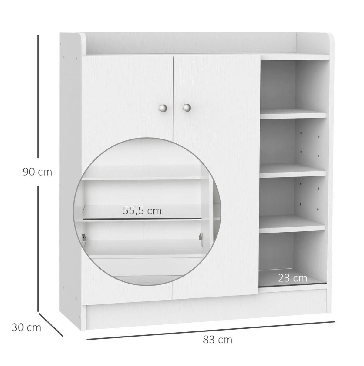 SCHUHSCHRANK 83/30/90 cm mit 2 Türen und 4 offenen Fächern, platzsparend, Weiß - Weiß, Holzwerkstoff (83/90/30cm) - Redom