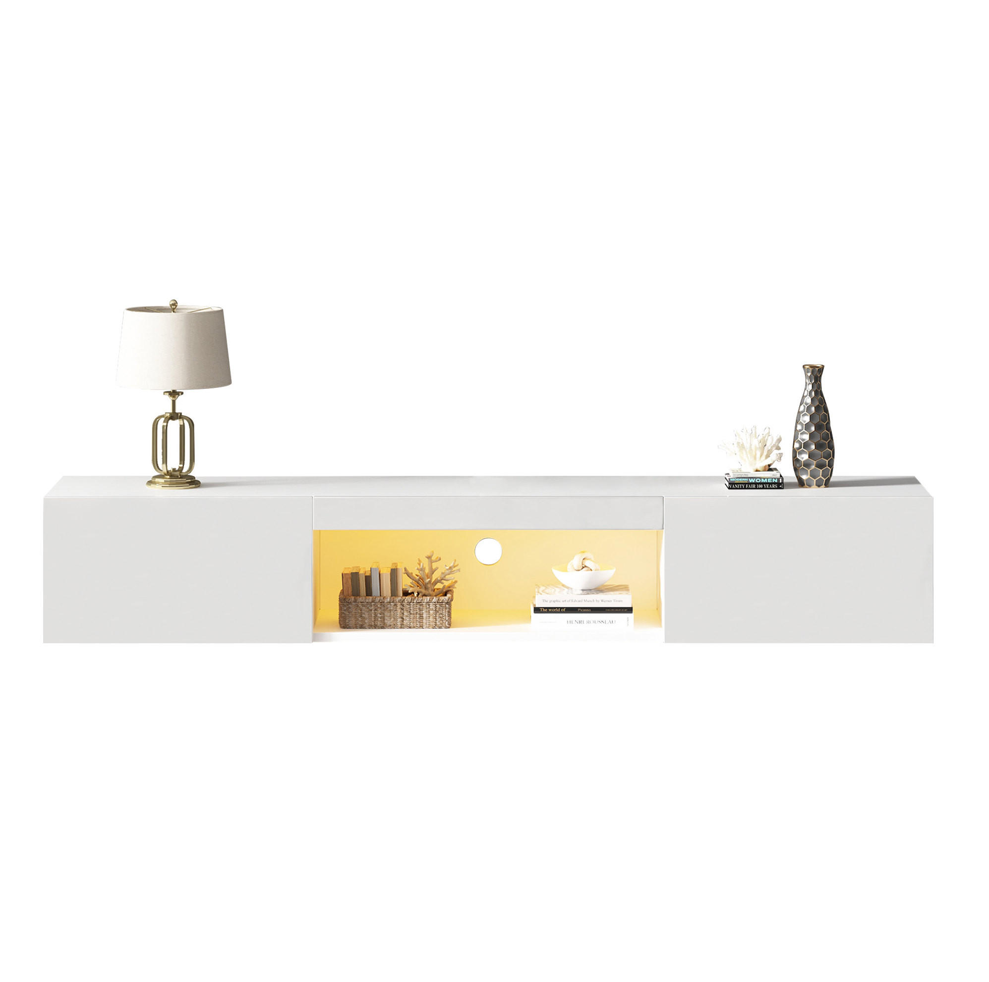 HÄNGENDER TV-Schrank Hochglanz Weiß mit LED und Türen 160/31/22 cm - Weiß, Holzwerkstoff (160/22/31cm) - Redom