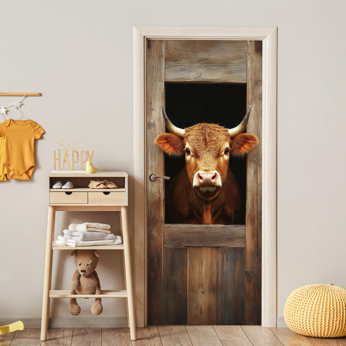 TÜRAUFKLEBER Kuh - Fenster - Holz - Tiere Wanddeko 90x205 cm - Türtapete - Wengefarben, Kunststoff (90/0.1cm) - MuchoWow