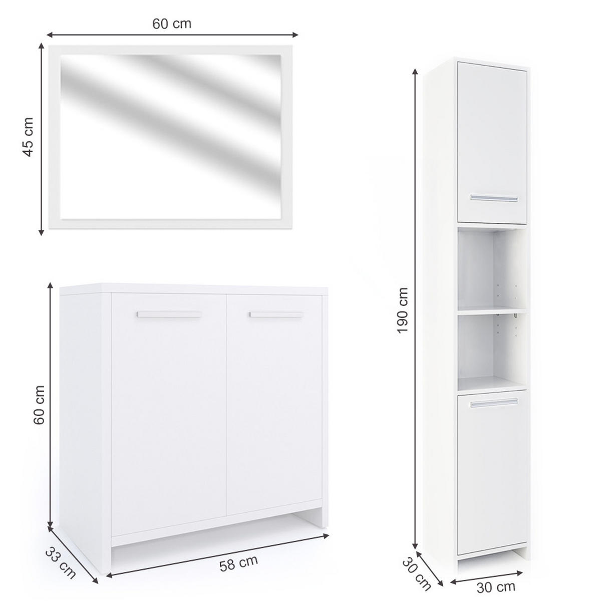 BADMÖBEL-SET Kiko Weiß 3 Teile, mit Hochschrank - Weiß, Holzwerkstoff (58/60/33cm) - Vicco
