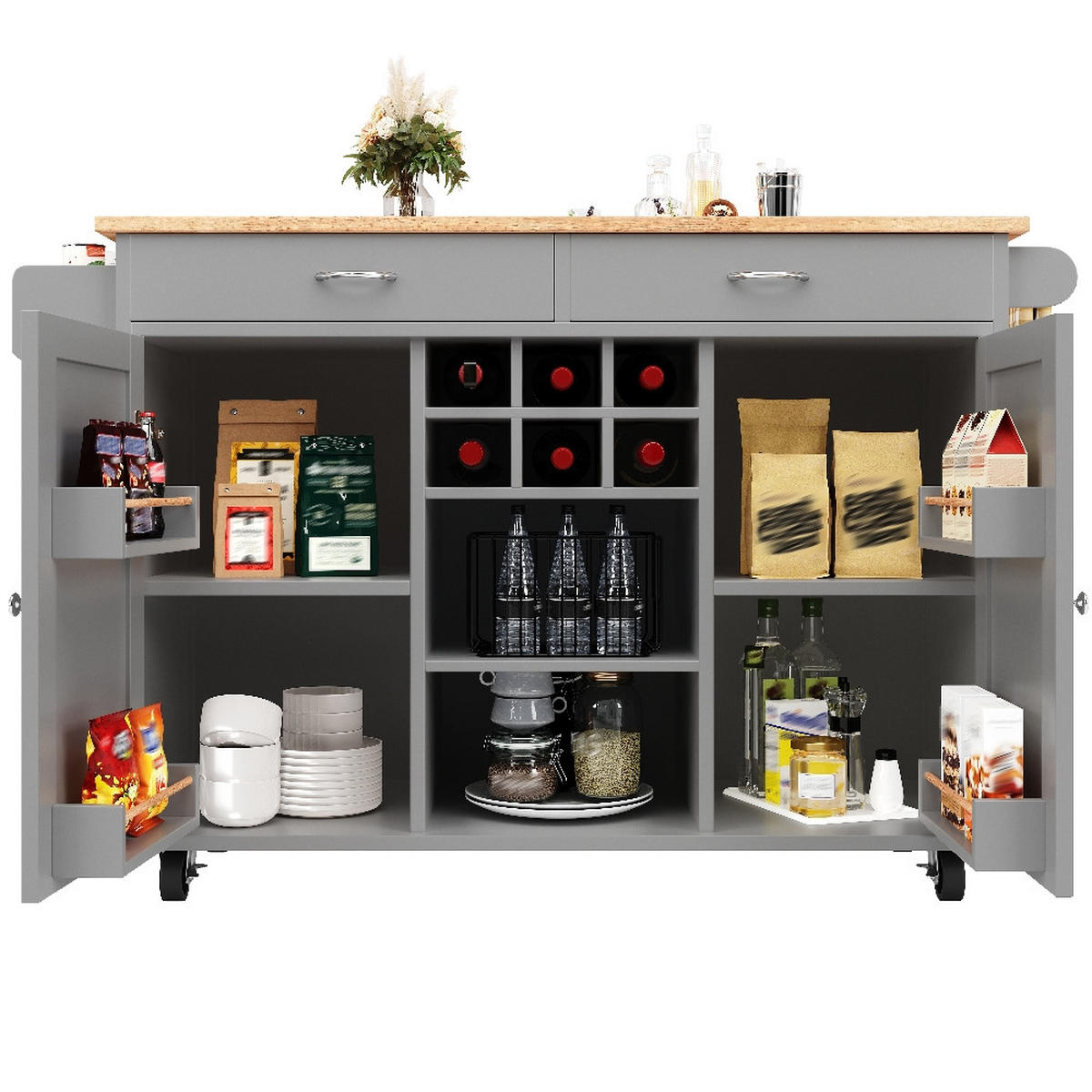 KÜCHENINSEL MIT ROLLEN, Multifunktionaler Buffetschrank, MDF/Metall, Grau-Holzoptik, Küche & Esszimmer, 102/45/92 cm - Grau, Kunststoff (45/92/102cm) - Rolipo