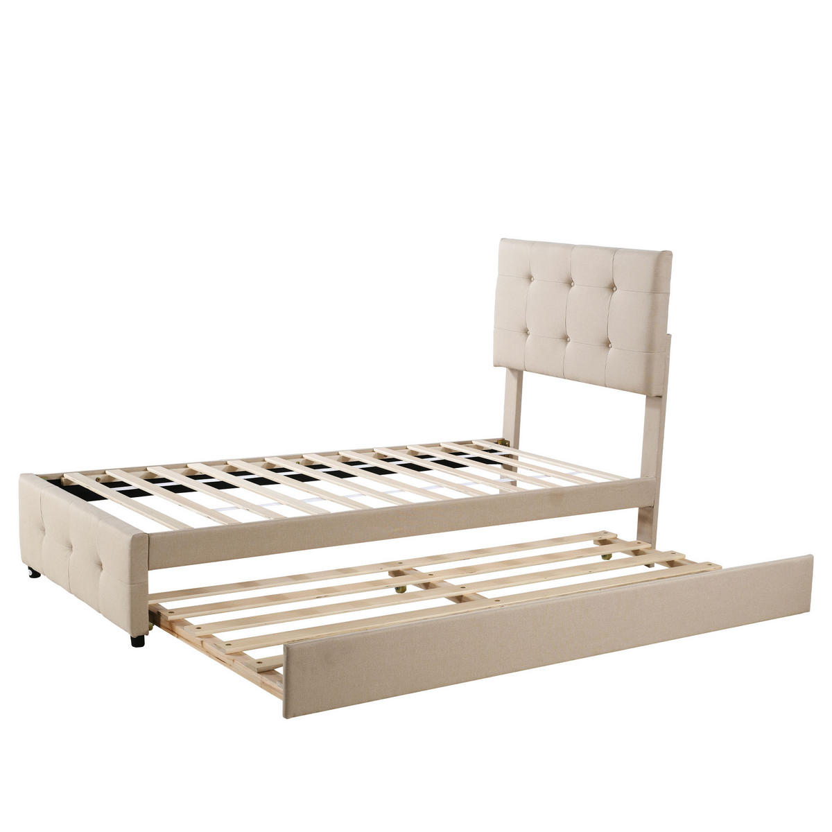 POLSTERBETT 90/200 cm Beige ausziehbares Kinderbett mit höhenverstellbarem Kopfteil - Beige, Textil (90/200cm) - OKWISH