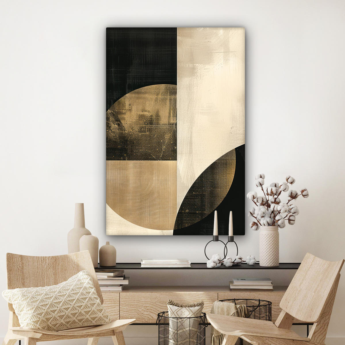 LEINWANDBILD Abstrakt - Geometrische Formen - Schwarz - Gold Deko Groß 90x140 cm - Ecru, Textil (90/140cm) - MuchoWow