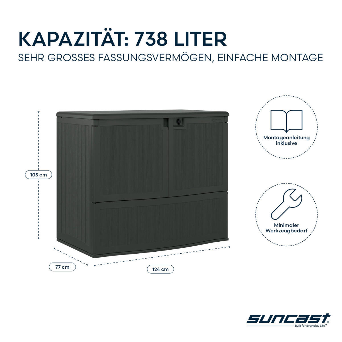 GARTENSCHRANK 738 Liter in Barhöhe mit aufklappbarer Arbeitsfläche, zwei Fronttüren und Camlock-Schloss, 124 × 77 × 105 cm, anthrazit - Braun, Kunststoff (80/175/120cm) - Suncast