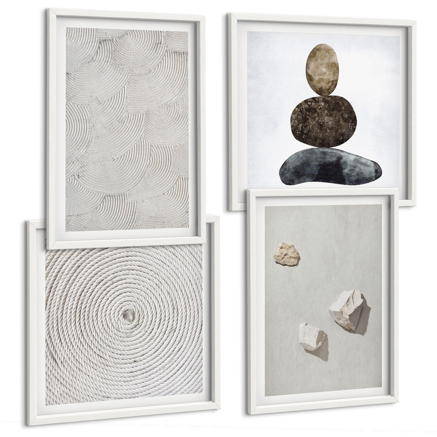 BILDER SET 4er Set - 50x50 cm & 40x60 cm Weißer Rahmen - Sandsteine moderne Farbe - Weiß, Kunststoff (50/50cm) - TULUP