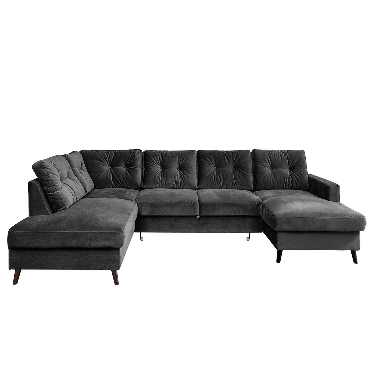 WOHNLANDSCHAFT mit Longchair - Schwarz/Grau, Buchenholz/Textil (297/90/200cm) - home24