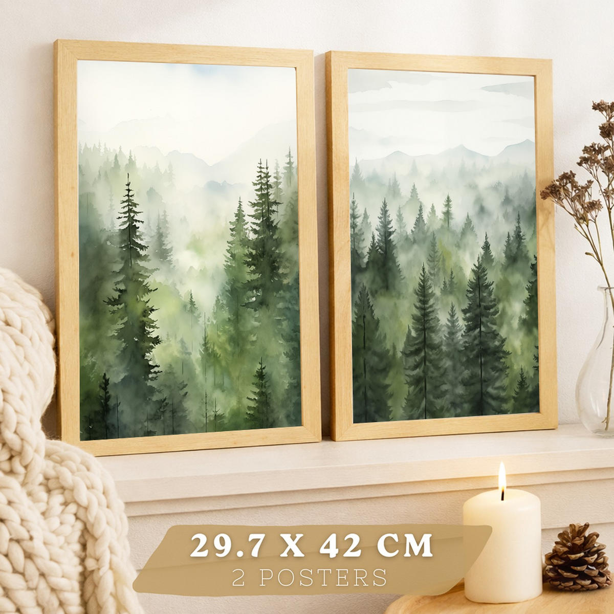PLAKAT Sada 2 dekorativních tisků Nordic Forest Landscape Moderní obývák Obrázky - Zelené dekorativní plakáty Dekorace ložnice A4 bez rámu - čirá, papír (29.7/42/3cm)
