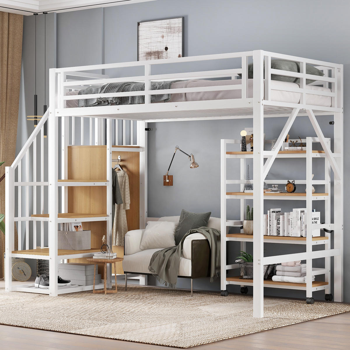 HOCHBETT 90/200 cm Weiß-Natur mit Sicherheitsgeländer und Eckleiterschrank aus Eisen und MDF - Weiß, Metall (90/200cm) - OKWISH