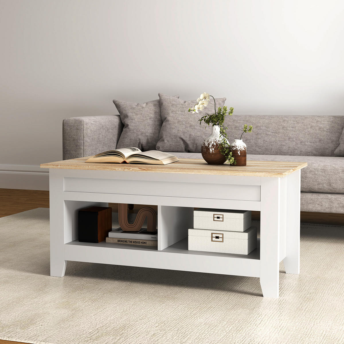 COUCHTISCH DE-15802 klappbare Platte Weiß - Weiß, Holzwerkstoff (105/50/62.5cm) - ComfortXL