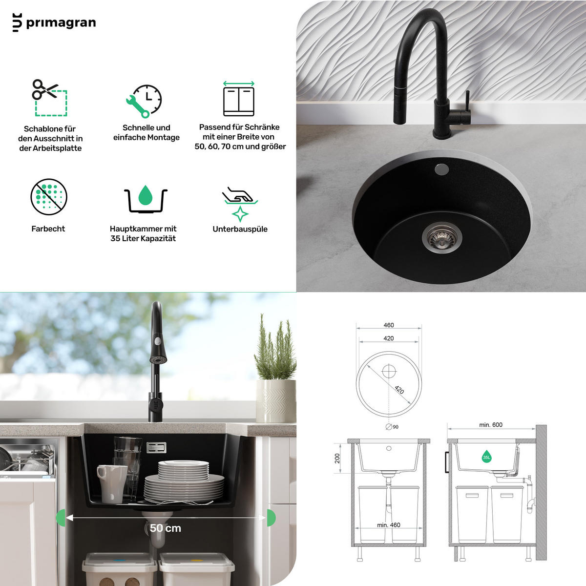 UNTERBAUSPÜLE GRANIT Valletta, 2-er set Alles Weiß 46/46 cm 1 Becken + Küchenarmatur 32/20 cm + Ablauf-Set ab 50er Unterschrank - Weiß, Kunststoff (46/20/46cm) - Primagran