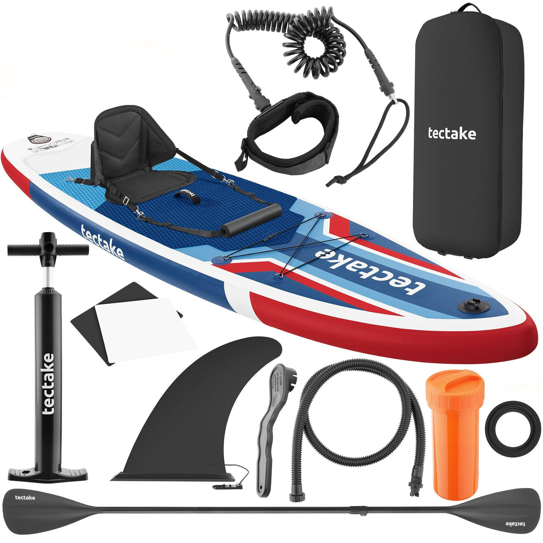 STAND UP PADDLE BOARD Poseidon, Belastbarkeit 200 kg, inklusive Kajak-Sitz, rot/blau - Rot, Kunststoff (320/84/0.4cm) - tectake