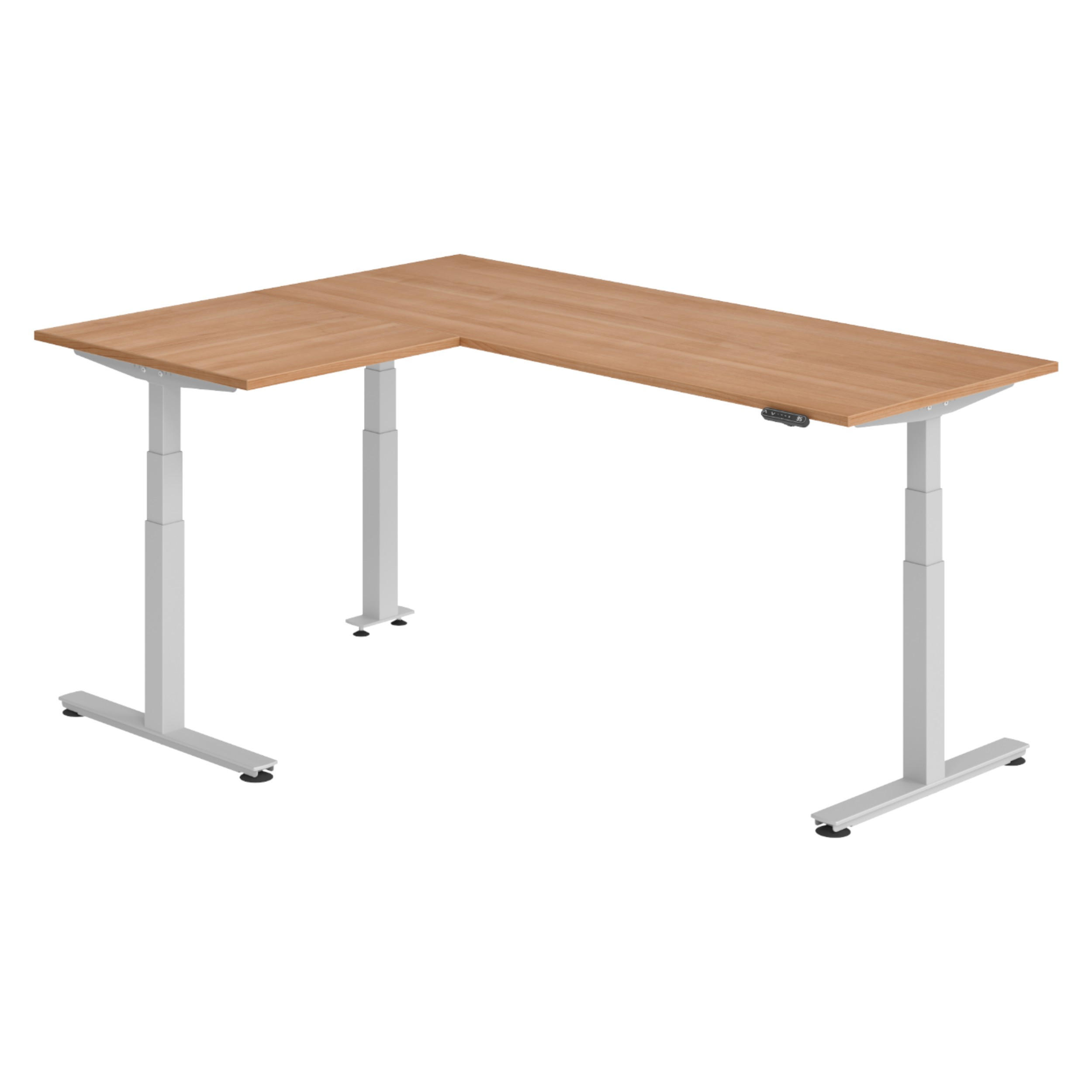 ECKSCHREIBTISCH elektrisch höhenverstellbar L-Form 160/200/74 cm in Nussbaumfarben/Silberfarben - Silberfarben/Nussbaumfarben, Holzwerkstoff (160/200/74cm) - bümö