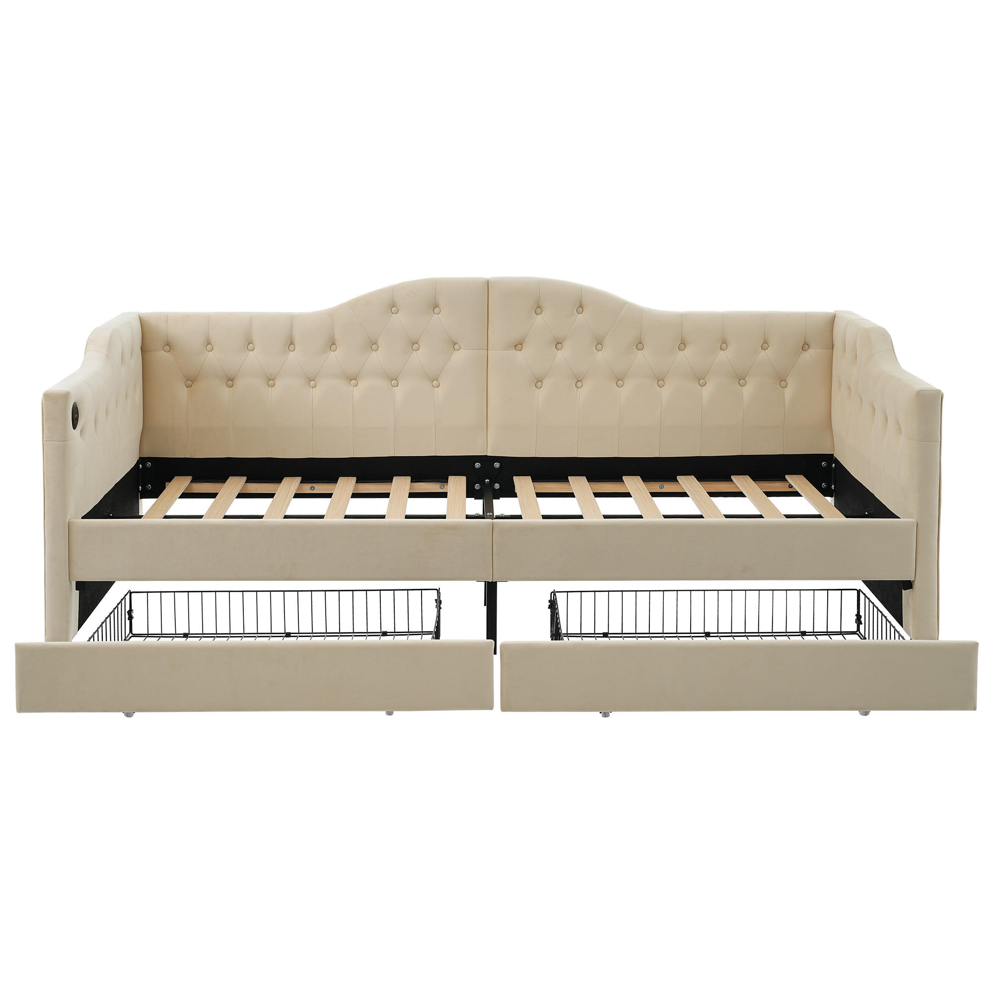 POLSTERBETT 90/200 cm Beige mit USB Type C Ladefunktion und 2 Schubladen, Ohne Matratze - Beige, Textil (90/200cm) - Oxeza