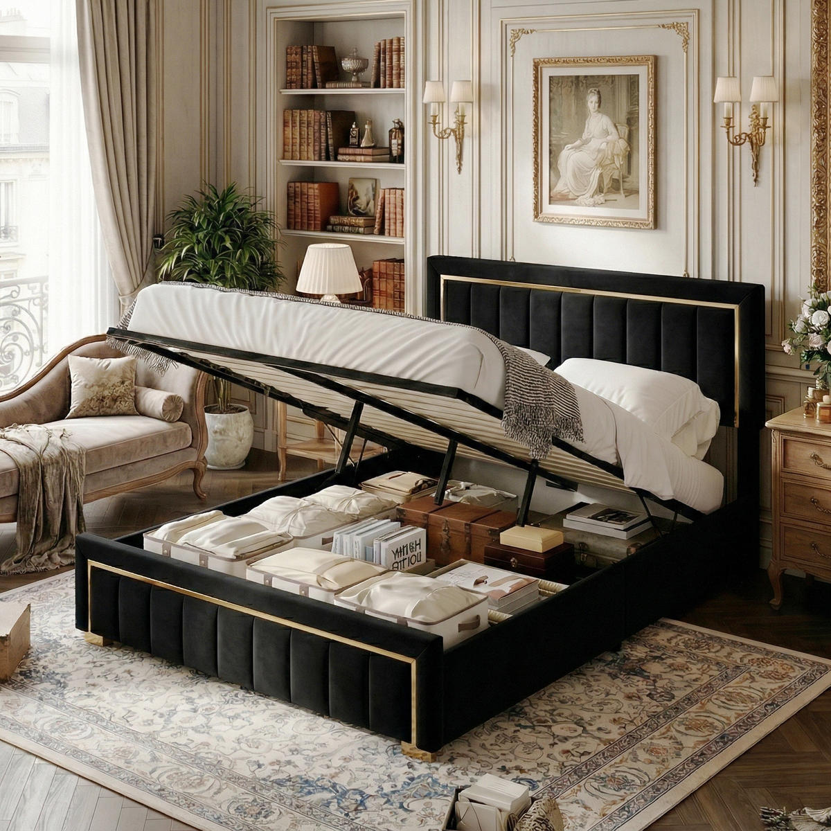 POLSTERBETT Eleganz 140/200 cm mit Bettkasten & Edelstahlrahmen Samtoptik Schwarz - Schwarz, Textil (140/200cm) - Creahappy