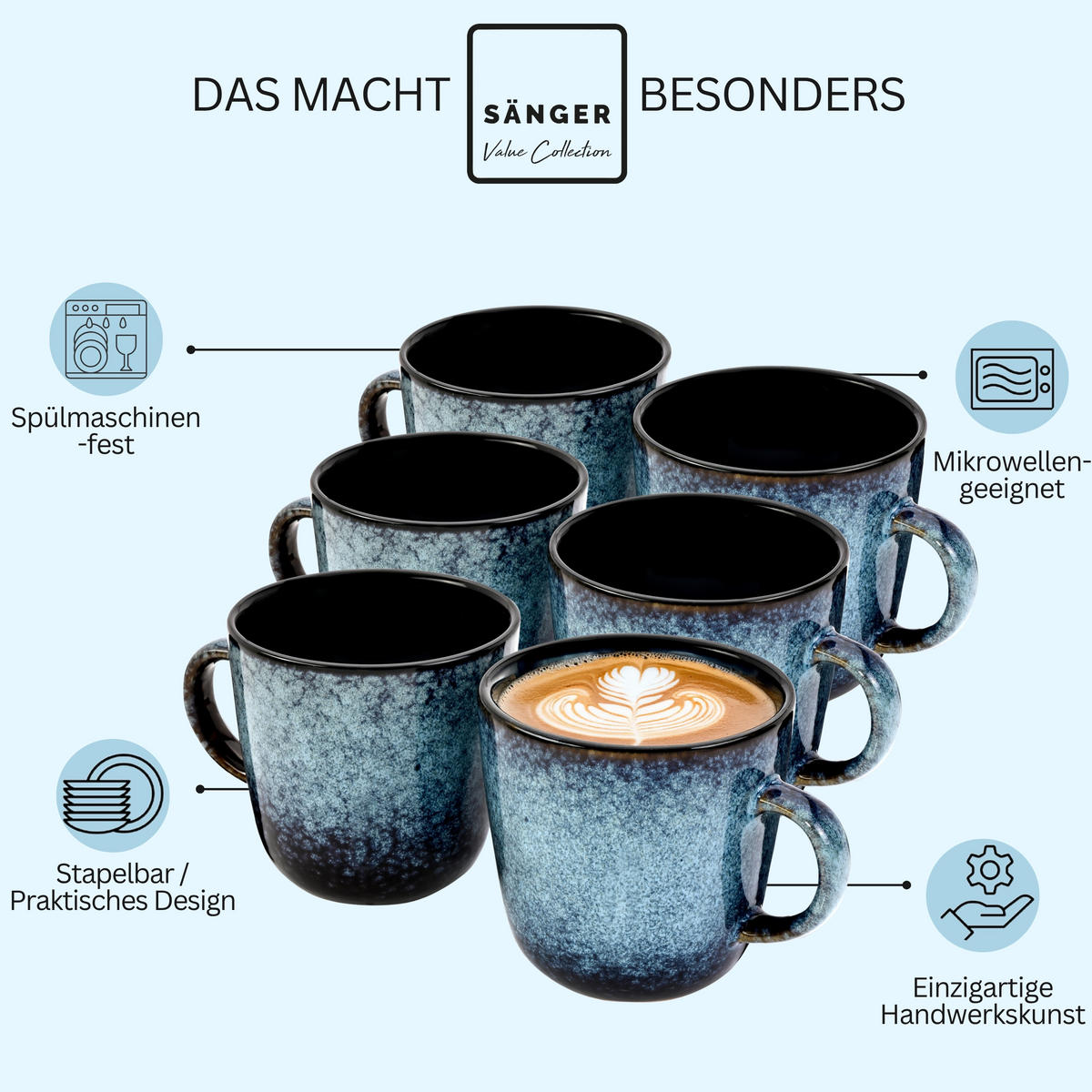 KAFFEEBECHER SET OSAKA - 6 teilig aus Steingut - Blau, Stein (0.4L) - Sänger