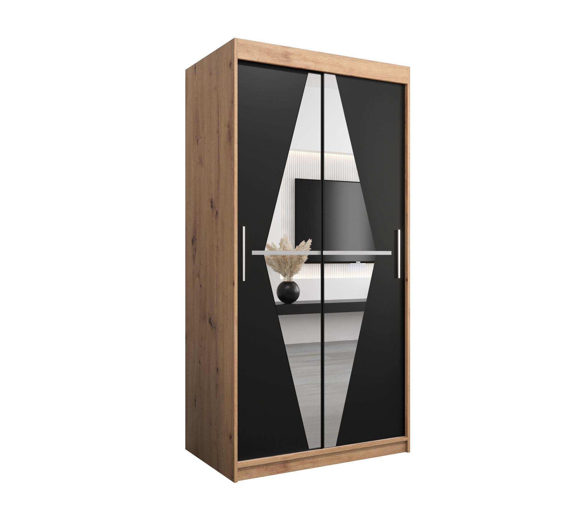 Abiks Möbel Schwebetürenschrank Eiche Artisan, Schwarz 100x200x62 cm