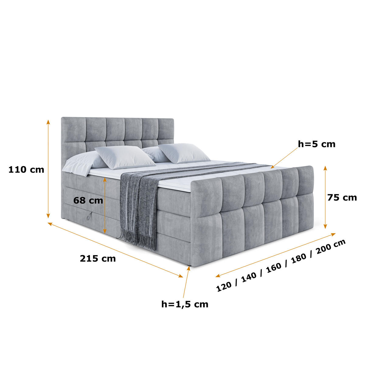 BOXSPRINGBETT RICAR-Z KING - 120 x 200 - H3/H4 - Grau - Grau, Holzwerkstoff (120/200cm) - ALTDECOR