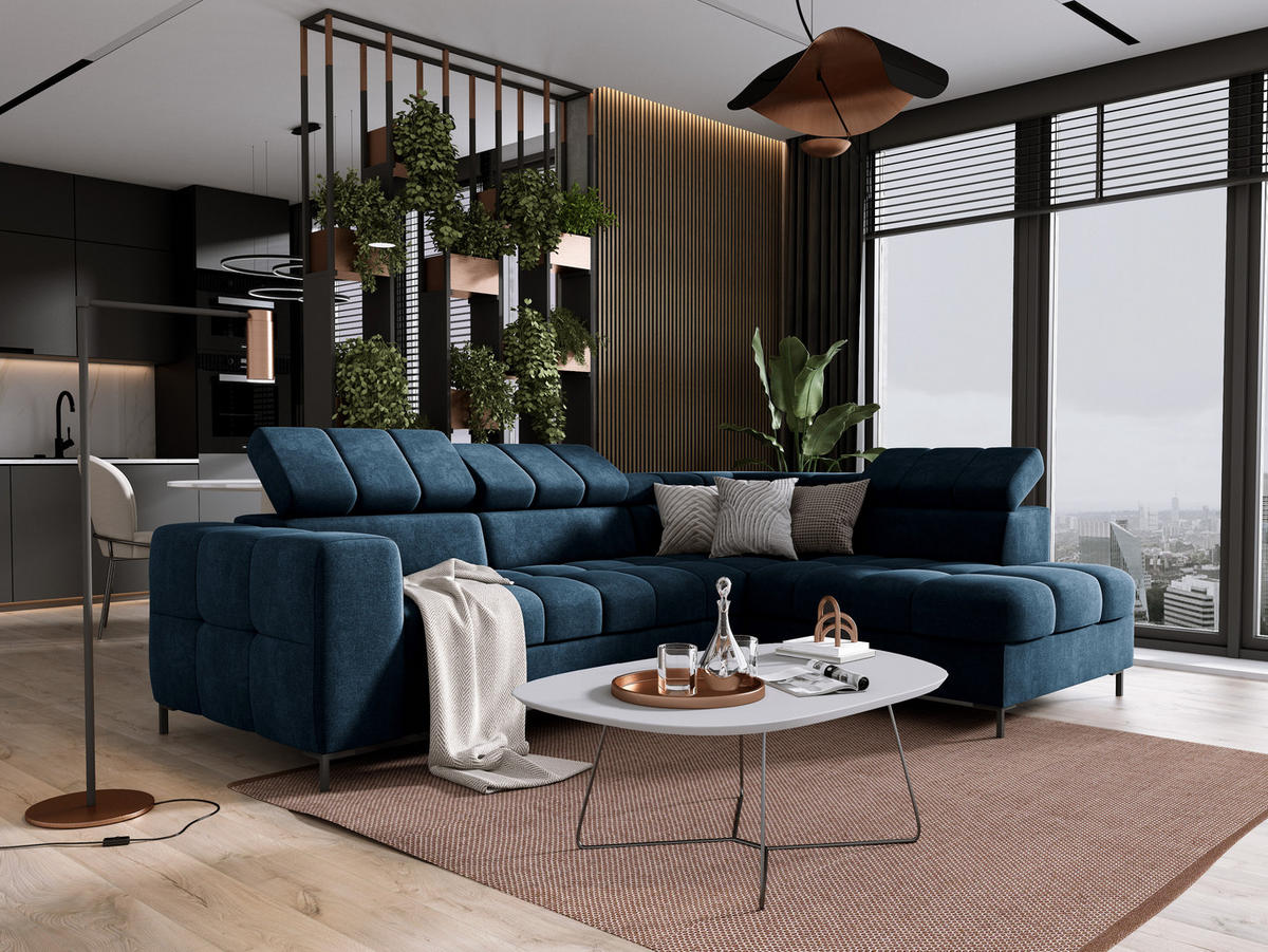 ECKSOFA PABLOS Vogue, L-förmig, Moderne, mit verstellbarem Kopfteil, Schlaf- & Lagermöglichkeiten, freistehend, RECHTS 279x201x97 cm Blue - Blau, Holz/Textil (279/201cm) - DomoHome