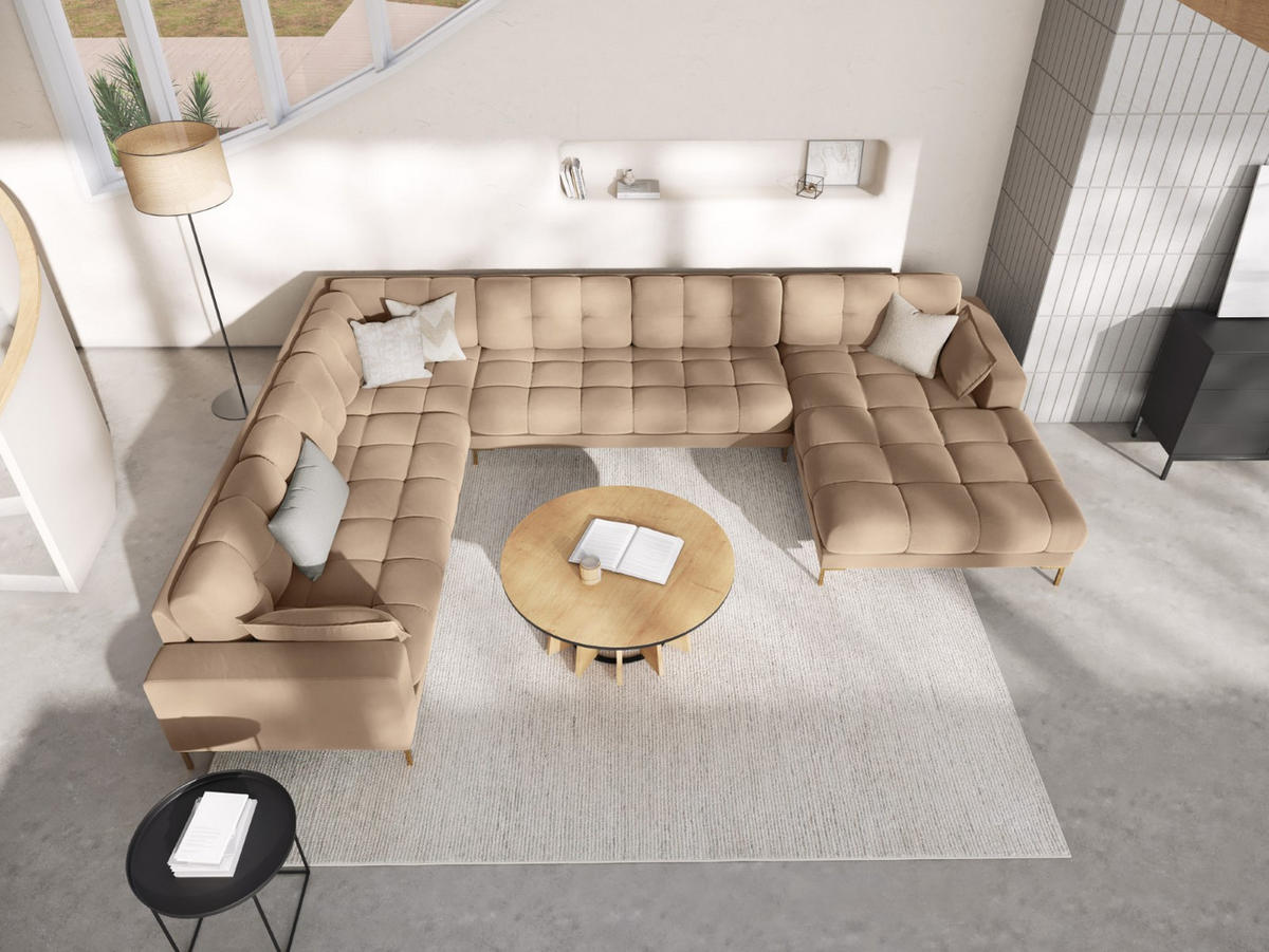 PANORAMASOFA links Mamaia aus Samt beige 7 Sitzplätze - Beige, Textil (256/75/327cm) - Micadoni