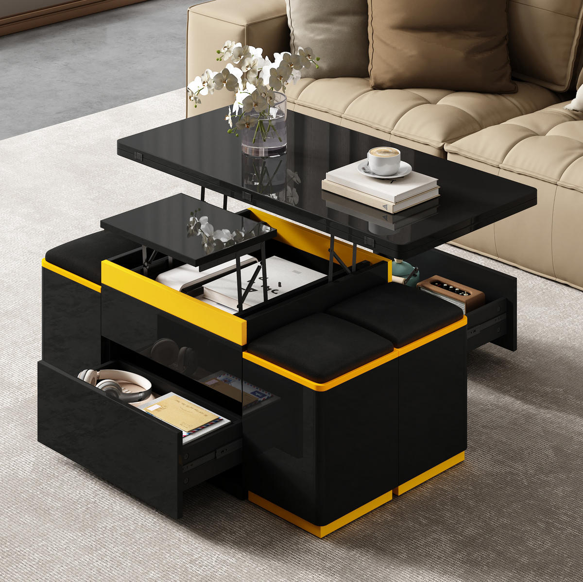 COUCHTISCH 100/50/43 cm aus MDF mit Klapp- und Hebefunktion, Stauraum und 4 Hockern, Schwarz/Gelb - Schwarz, Holzwerkstoff (100/50/43cm) - Redom