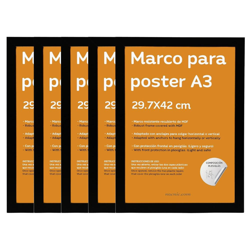 RAHMEN Set mit 48 aus MDF und Acrylglas Schutz und Aussteller für Fotografien, Bilder, Poster, Gemälde, Dekoration für Haus Farbe Schwarz A3 - Schwarz, Holz (29.7/3/42cm) - Nacnic