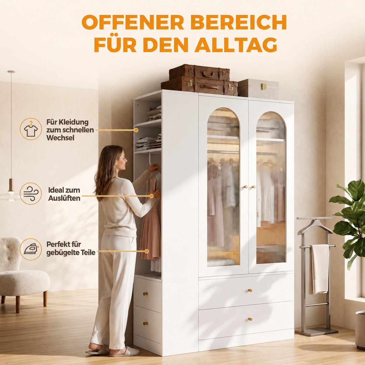 KLEIDERSCHRANK Weiß 120x200cm, 4 Schubladen, 2 Glastüren & 2 Kleiderstangen - Weiß, Holzwerkstoff (120/200/50cm) - Urban Meuble
