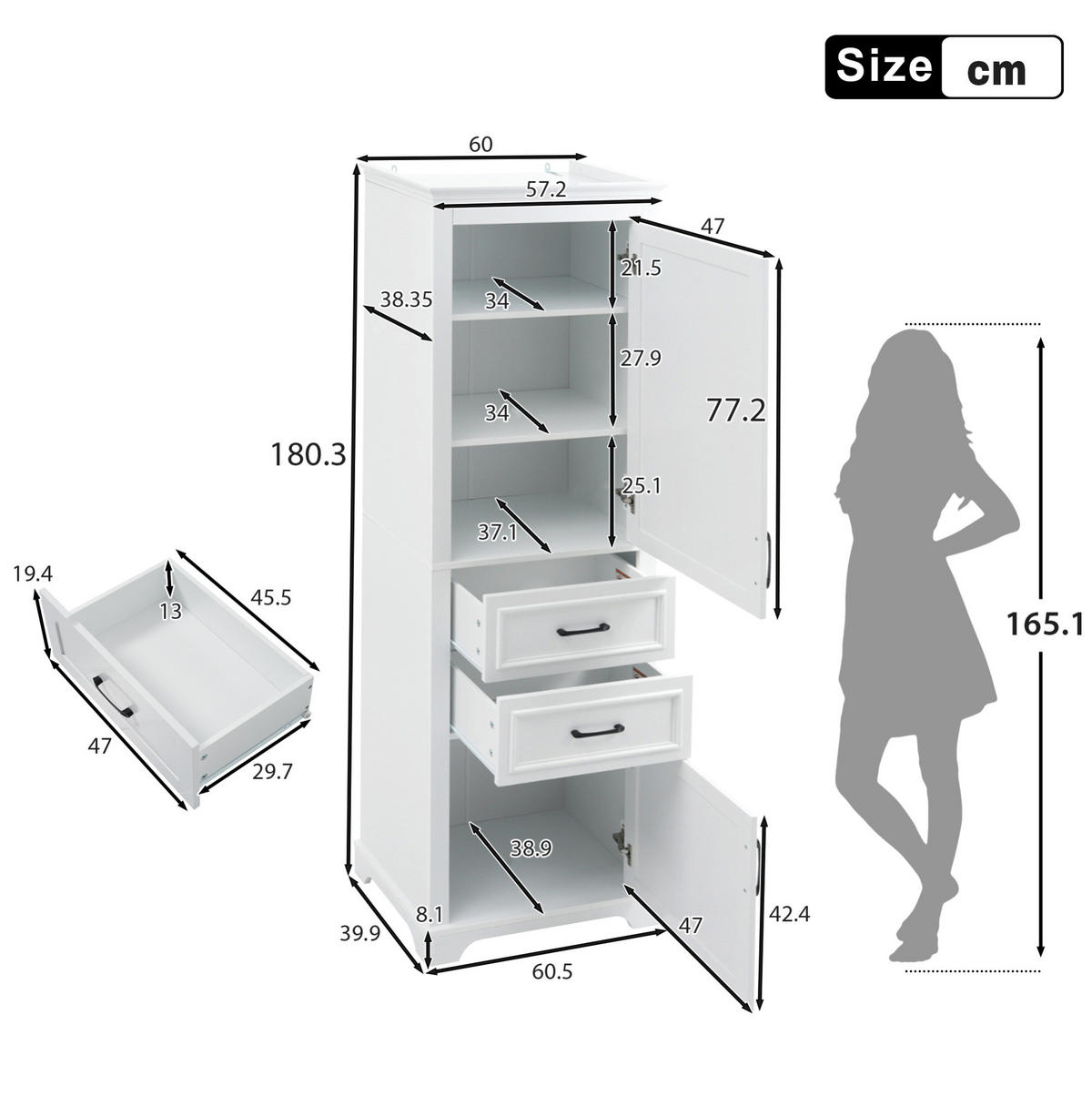 BADEZIMMER-HOCHSCHRANK 60x40x180 cm Weiß aus Holzwerkstoff mit Schränken & Schubladen - Weiß, Holzwerkstoff (60/180/40cm) - Modfu