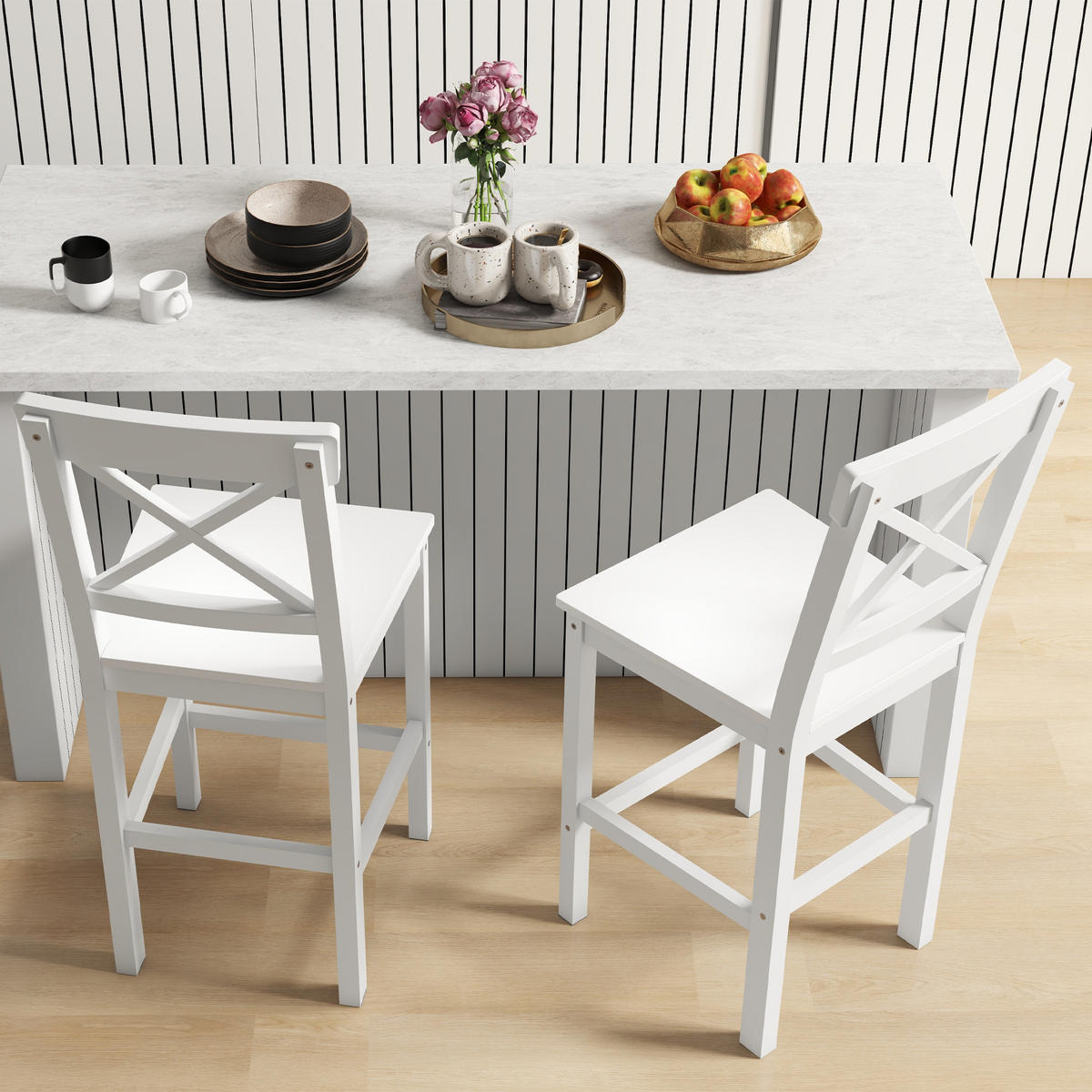 BARHOCKER 2er-Set DE-14738 Landhausstil mit Fußstütze Weiß - Weiß, Holzwerkstoff (46/97.5/41cm) - ComfortXL