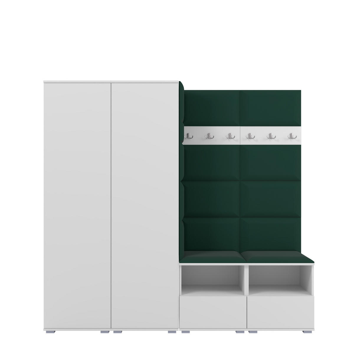 GARDEROBE NELA VI 200 cm (Kompaktgarderobe Weiß mit Sitzpolster Flaschengrün 28 Schrank & Paneel) - Dunkelgrün/Silberfarben, Holz/Holzwerkstoff (200/187/40cm) - Ravio