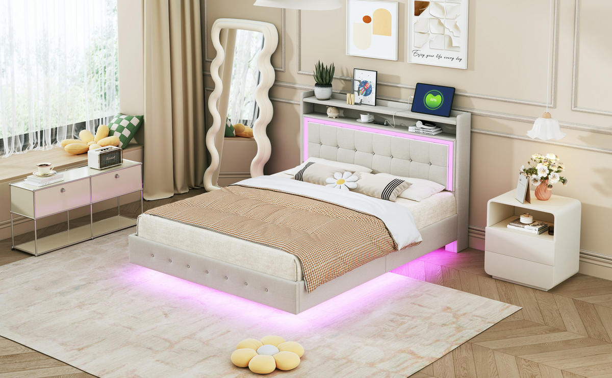 POLSTERBETT 140x200 cm LED USB beige - Beige, Textil (140/200cm) - Fortuna Lai