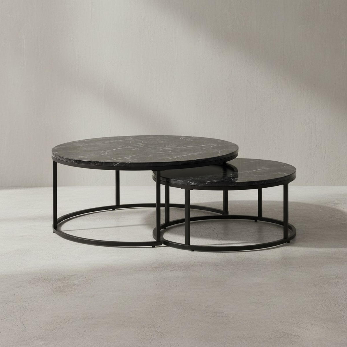 COUCHTISCH 2er Set Marmoroptik Metall Eichenholz Ineinanderschiebbar, Schwarz 80x80x36 cm - Schwarz, Holz/Metall (80/80/36cm) - KADIMA DESIGN