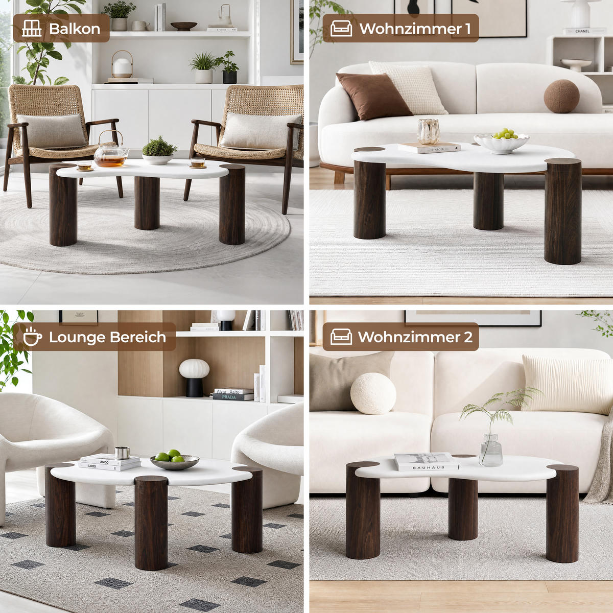 COUCHTISCH Holz 90 × 49 × 36 cm, Memphis-Stil, Walnussoptik - Weiß, Holzwerkstoff (49/90/35.5cm) - Hometopia